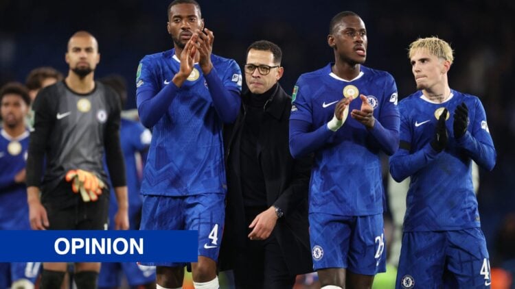Liam Rosenior manager / head coach of Chelsea with Tosin Adarabioyo, Trevoh Chalobah and Alejandro Garnacho