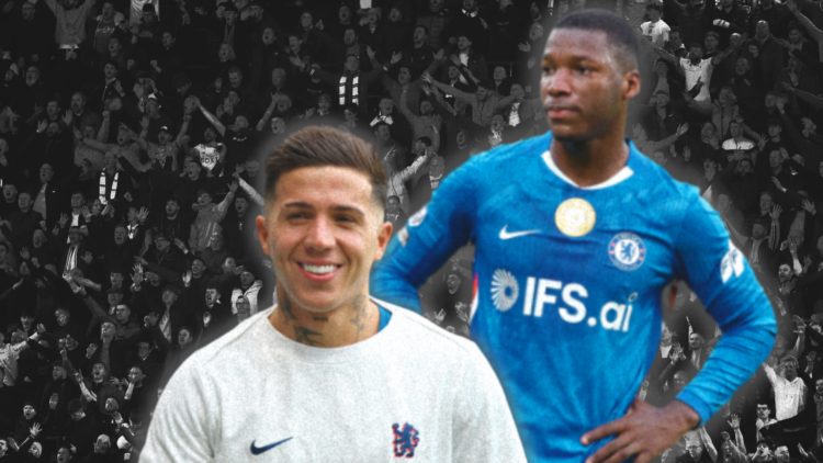 Cover art featuring Moises Caicedo and Enzo Fernandez set against a backdrop of Chelsea fans