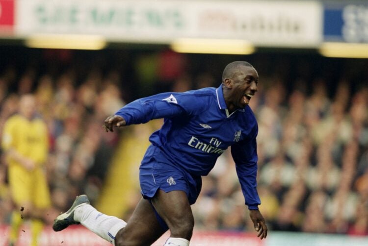17 Feb 2002:  Jimmy Floyd Hasselbaink of Chelsea celebrates scoring a goal during the AXA sponsored FA Cup fifth round match against Preston North ...
