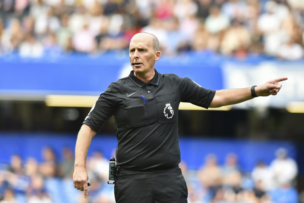 Mike Dean in action during the Premier League match between Chelsea and Watford