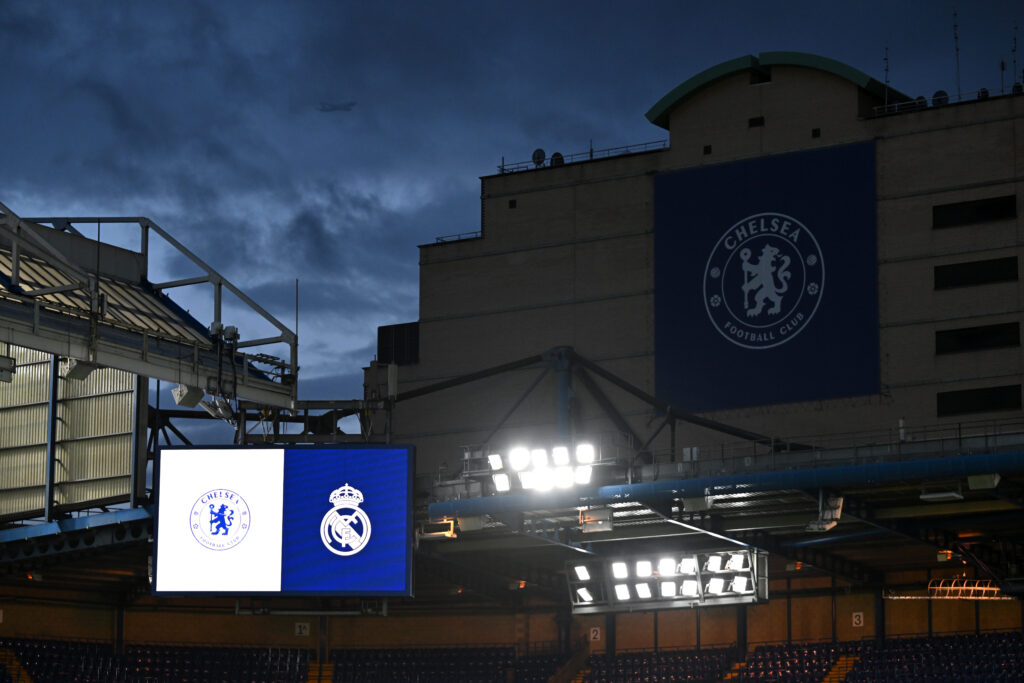 A general view outside the stadium prior to the UEFA Women's Champions League match between Chelsea FC and Real Madrid CF at Stamford Bridge on October 08, 2024 in London, England.