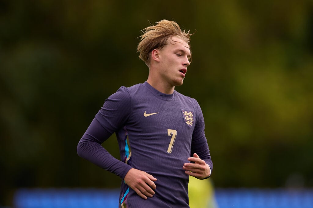 Frankie Runham in action during a friendly match between England U18 and Sweden U19