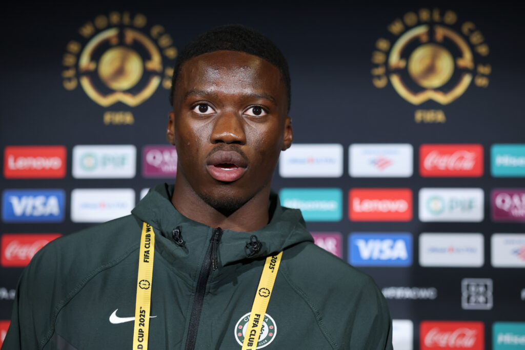 Mamadou Sarr #19 of Chelsea FC talks to the media
