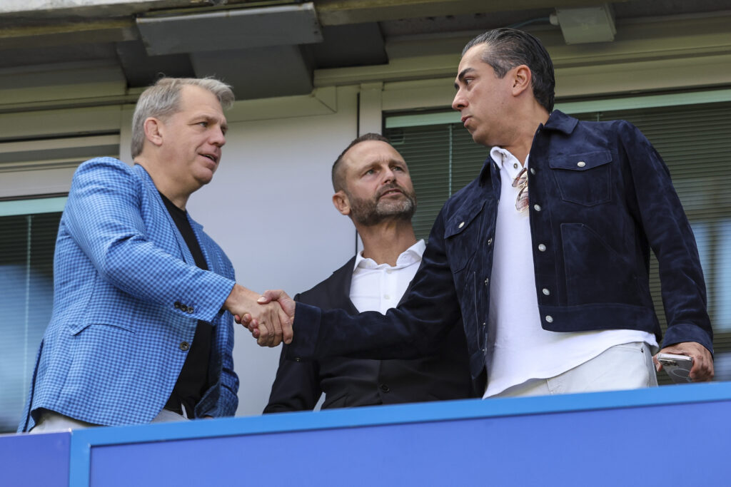Chelsea co-owners Todd Boehly and Behdad Eghbali before the Premier League match between Chelsea and Crystal Palace at Stamford Bridge on August 17, 2025 in London, England
