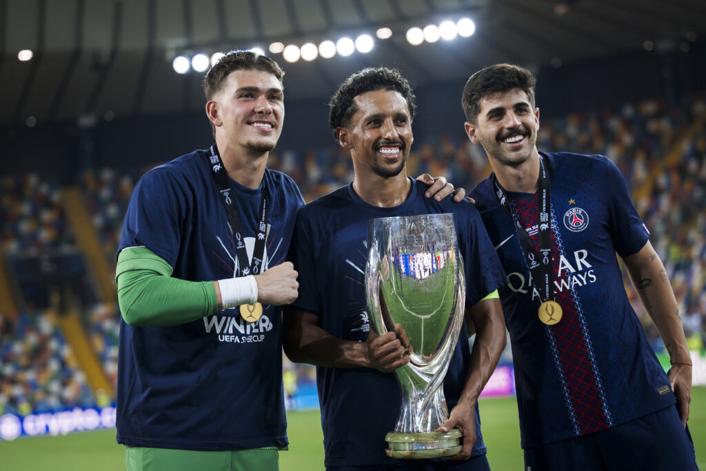 (L-R) Renato Marin, Marquinhos (Marcos Aoas Correa) and Lucas Beraldo of Paris Saint-Germain