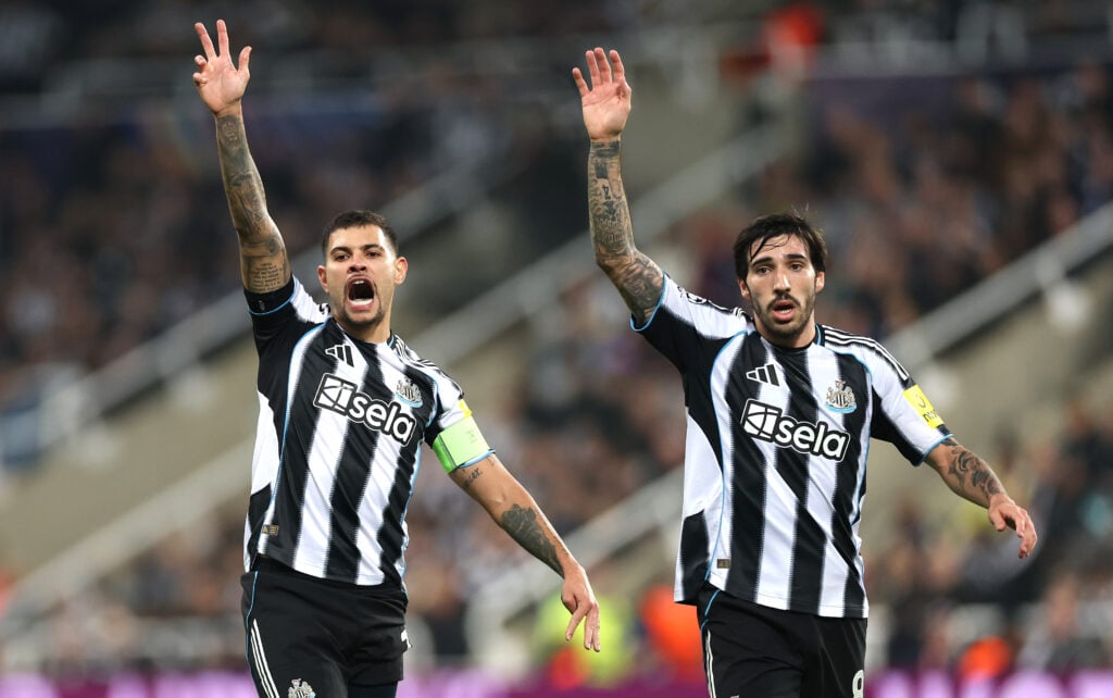 Bruno Guimaraes (l) and Sandro Tonali react during the UEFA Champions League 2025/26 League Phase MD4 match between Newcastle United FC and Athletic Club