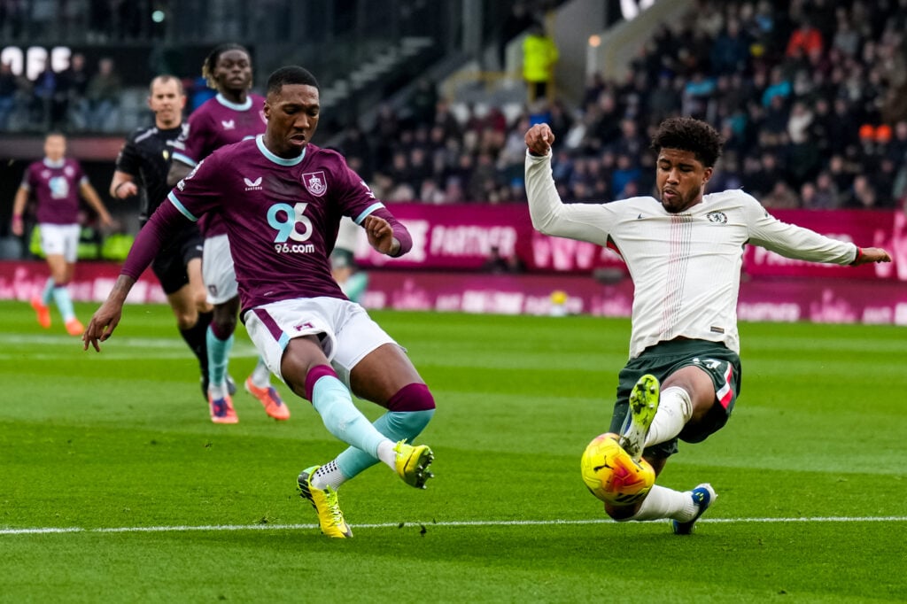 Andrey Santos of Chelsea blocks the attempt of Jaidon Anthony of Burnley