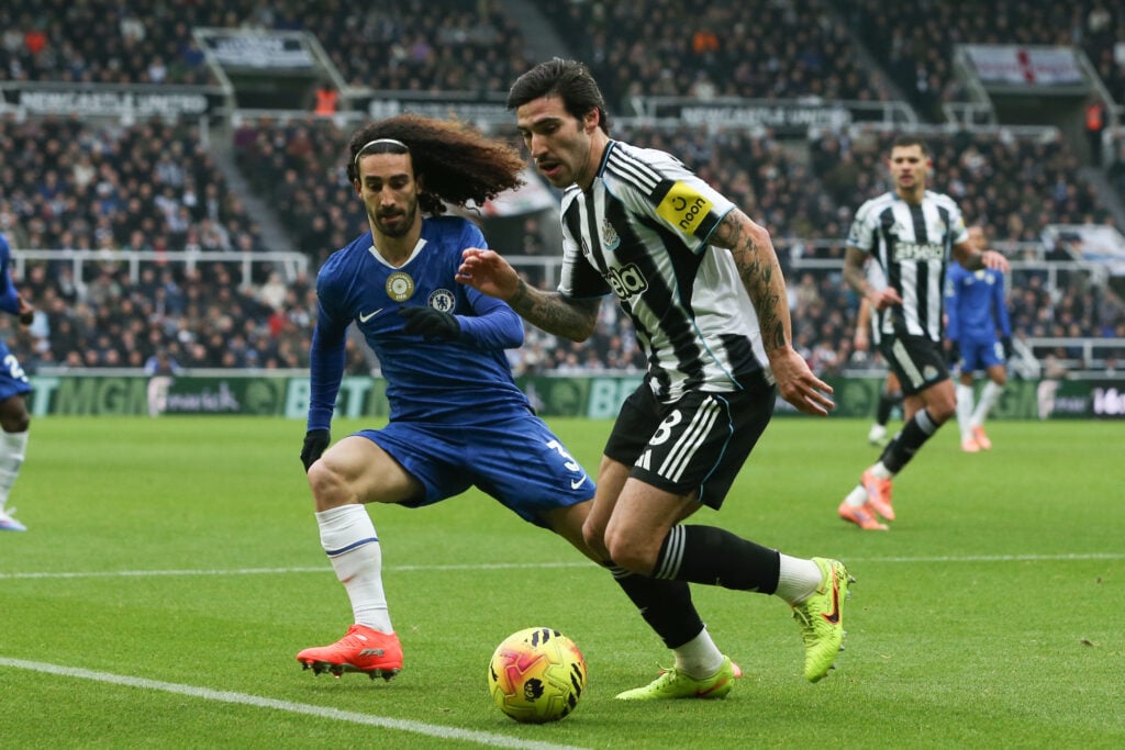 Sandro Tonali of Newcastle United is under pressure from Marc Cucurella of Chelsea