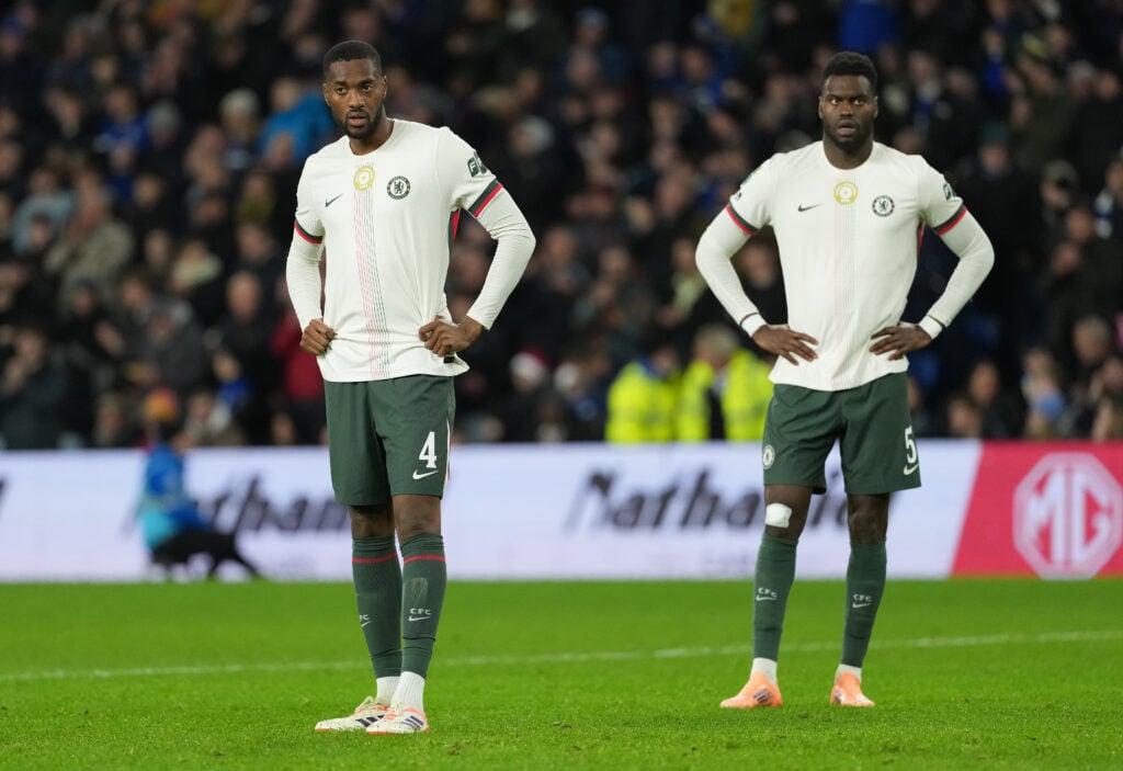 Tosin Adarabioyo and Benoit Badiashile of Chelsea react
