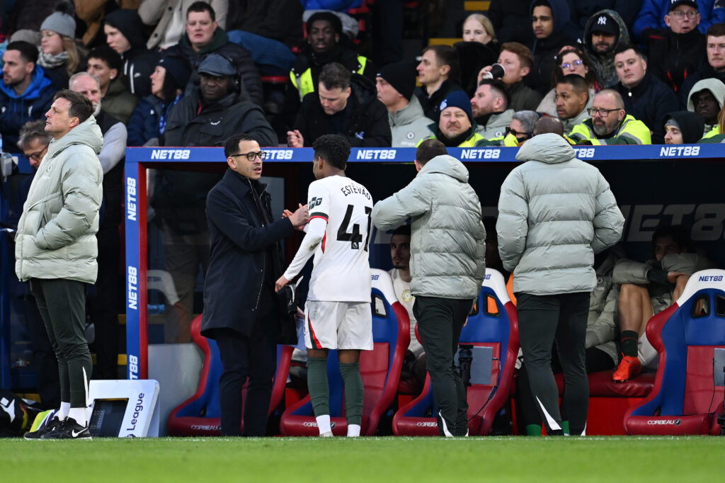 Liam Rosenior, Manager of Chelsea, shakes hands with Estevao