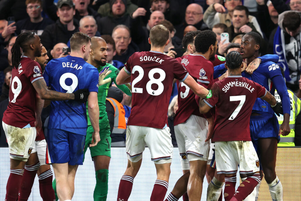 Players from both sides get physical as a heated argument breaks out during the Premier League match between Chelsea and West Ham United