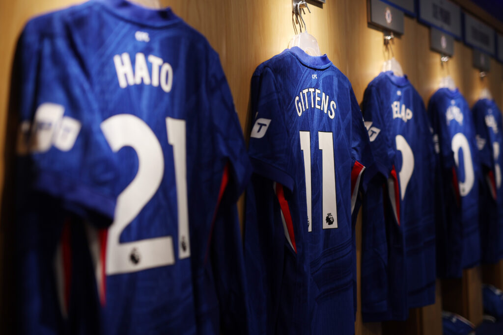 A general view of the match shirt of Jamie Gittens in the Chelsea dressing room prior to the Premier League match between Chelsea and West Ham United at Stamford Bridge on January 31, 2026 in London, England.