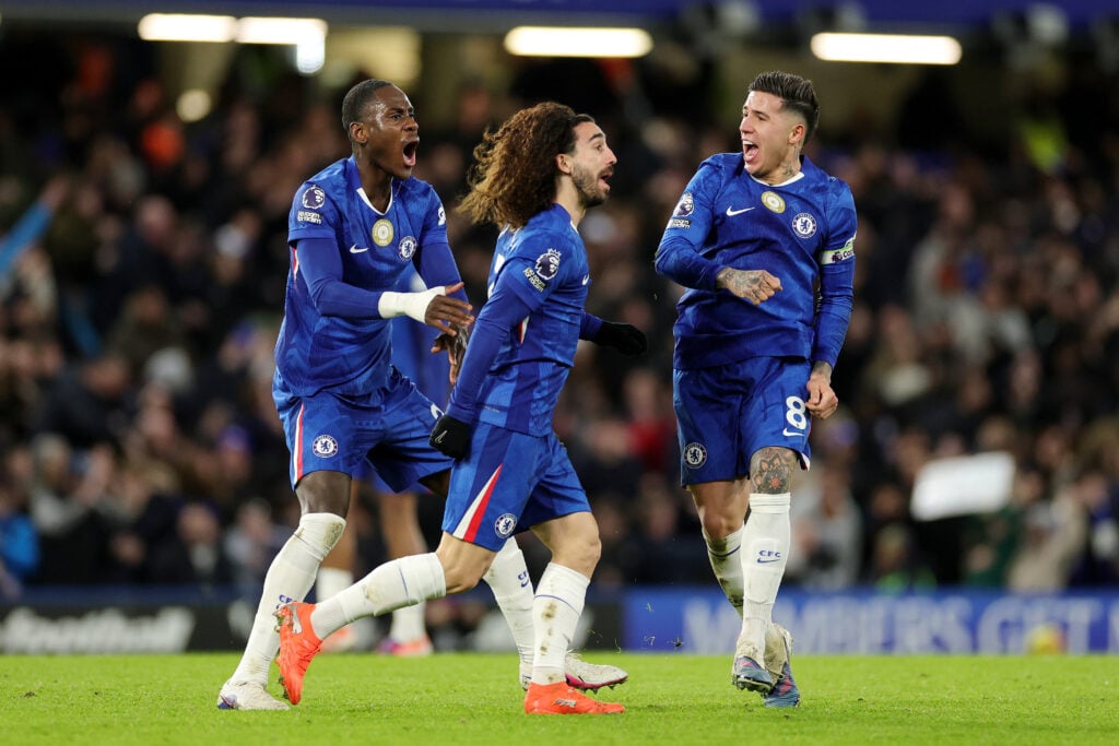 Chelsea trio Enzo Fernandez, Marc Cucurella and Trevoh Chalobah celebrating goal against West Ham