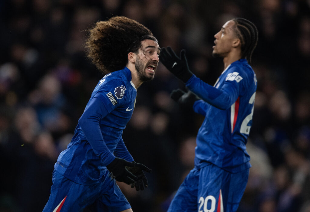 Chelsea duo Marc Cucurella and Joao Pedro celebrating against West Ham