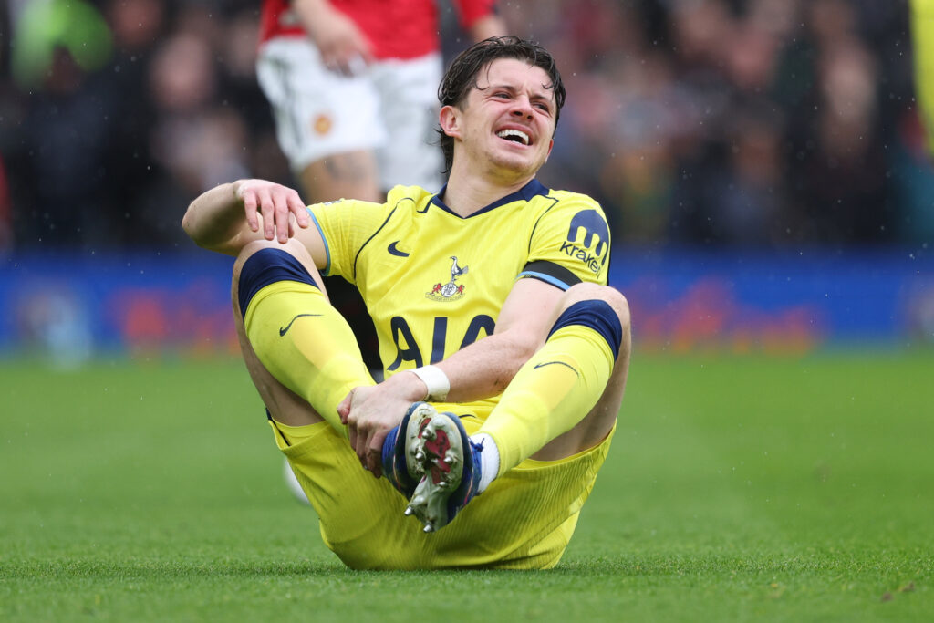 Conor Gallagher looks injured during the Premier League match between Manchester United and Tottenham Hotspur