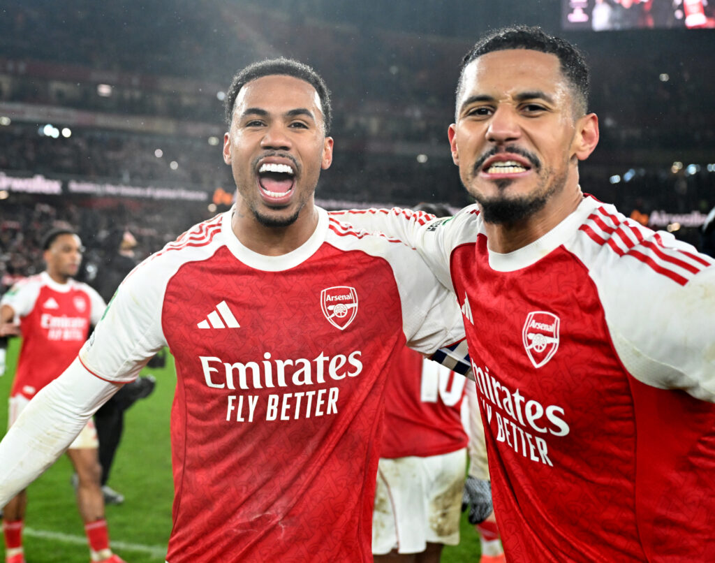 Arsenal defenders (L-R) Gabriel Magalhaes and William Saliba celebrate