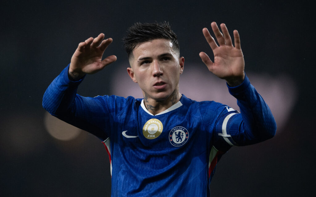 Enzo Fernandez of Chelsea acknowledges the away fans