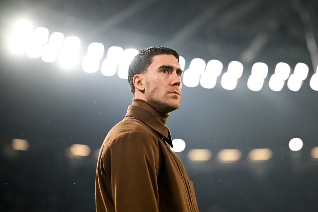 Dusan Vlahovic of Juventus looks on prior to the Serie A match between Juventus FC and SS Lazio