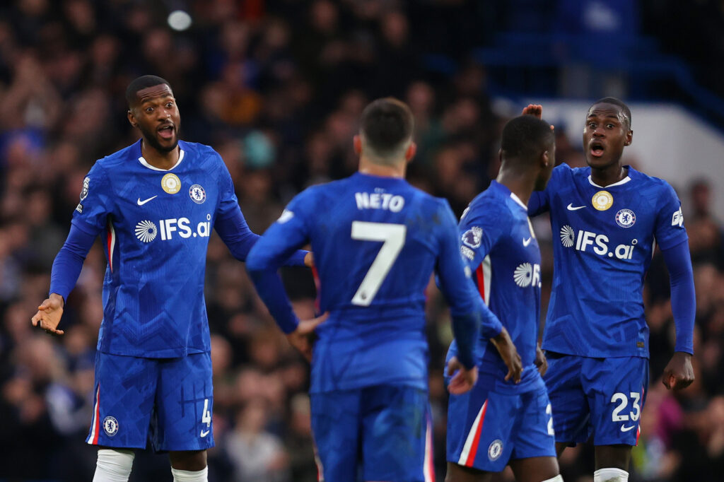 Tosin Adarabioyo and Trevoh Chalobah of Chelsea react