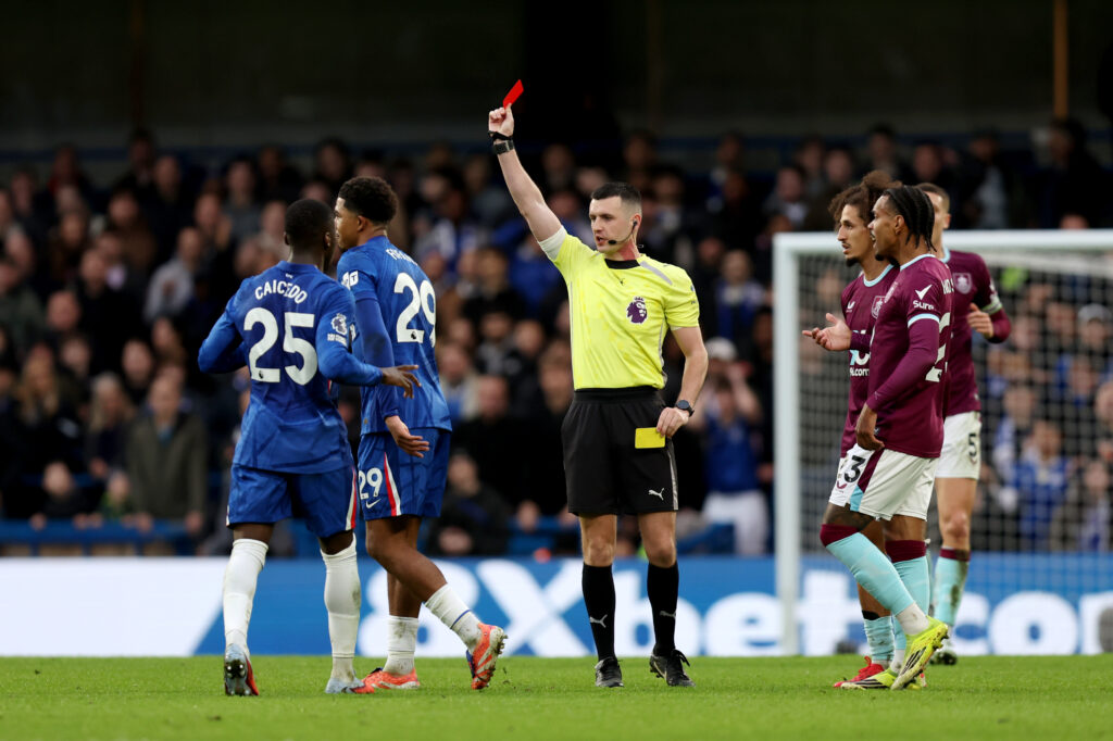 Wesley Fofana of Chelsea is shown a red card