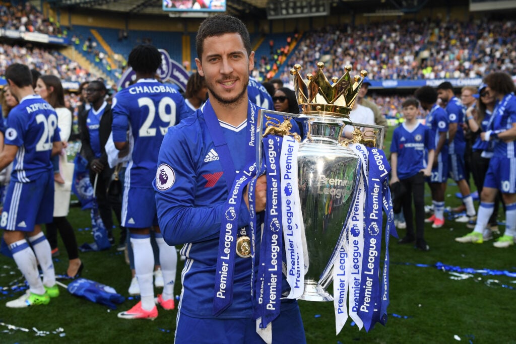 Eden Hazard of Chelsea poses with the Premier League Trophy