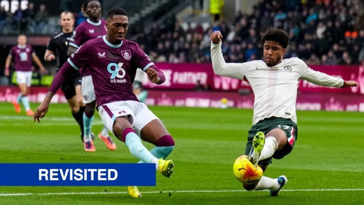 Andrey Santos of Chelsea blocks the attempt of Jaidon Anthony of Burnley
