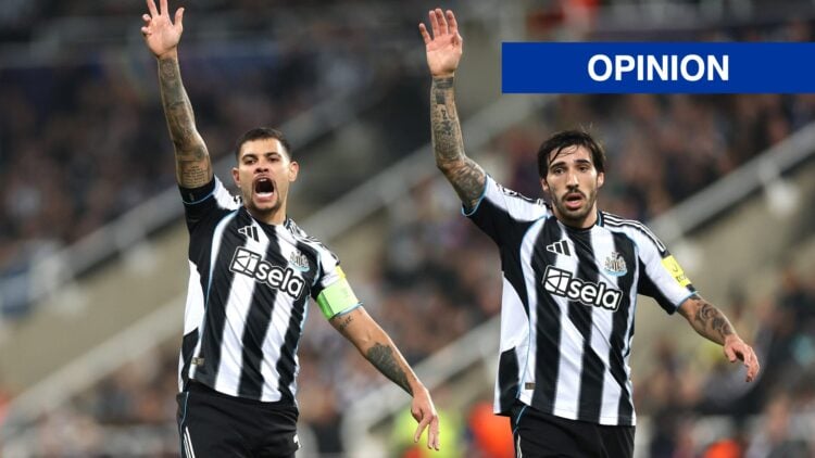Bruno Guimaraes and Sandro Tonali react during match between Newcastle United FC and Athletic Club