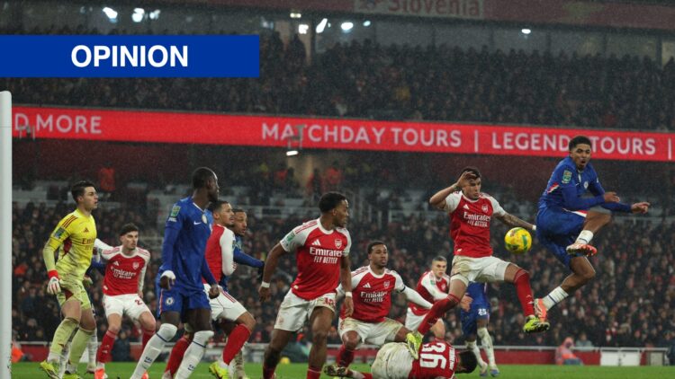 Chelsea's French defender #29 Wesley Fofana (R) flicks the ball wide