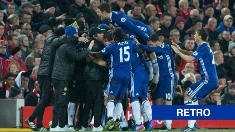 Chelsea players celebrating after scoring against Liverpool