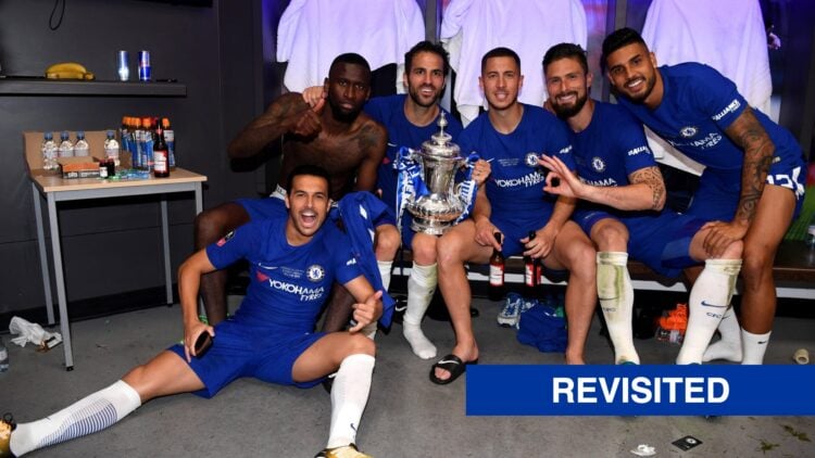 Chelsea players celebrate with FA Cup in dressing room after 2018 final