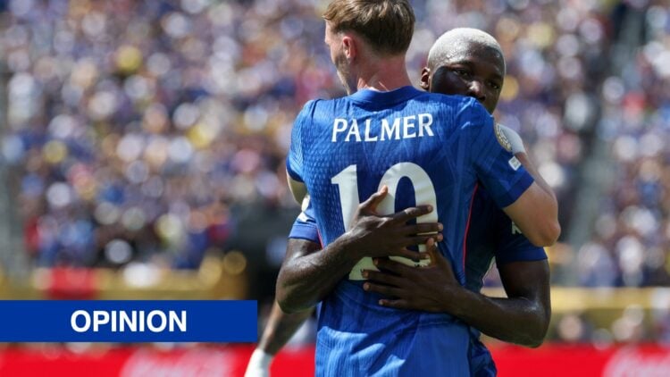 Chelsea midfielder Cole Palmer (10) is hugged by teammate Chelsea midfielder Moisés Caicedo
