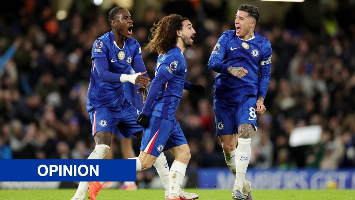 Chelsea trio Enzo Fernandez, Marc Cucurella and Trevoh Chalobah celebrating goal against West Ham