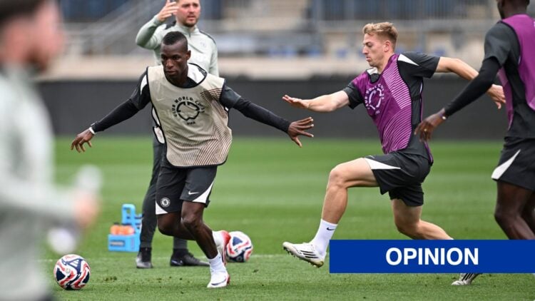 Nicolas Jackson and Liam Delap of Chelsea during a training session