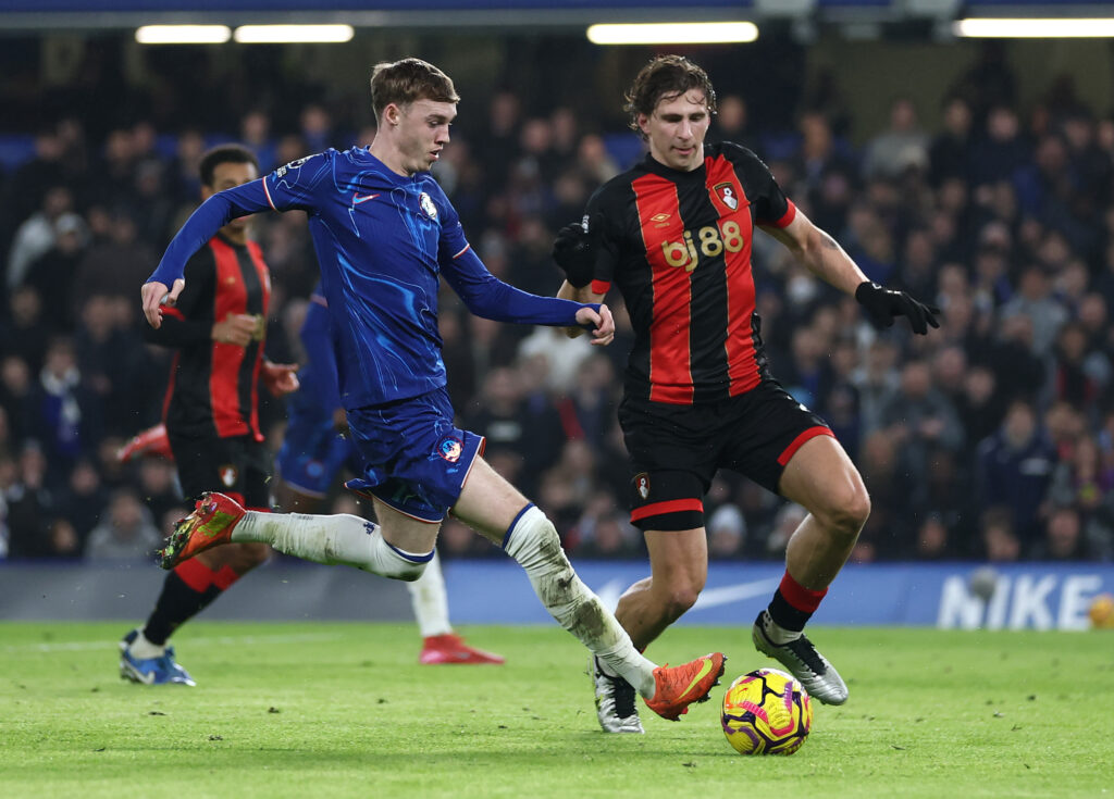 Cole Palmer of Chelsea is challenged by Illya Zabarnyi of AFC Bournemouth
