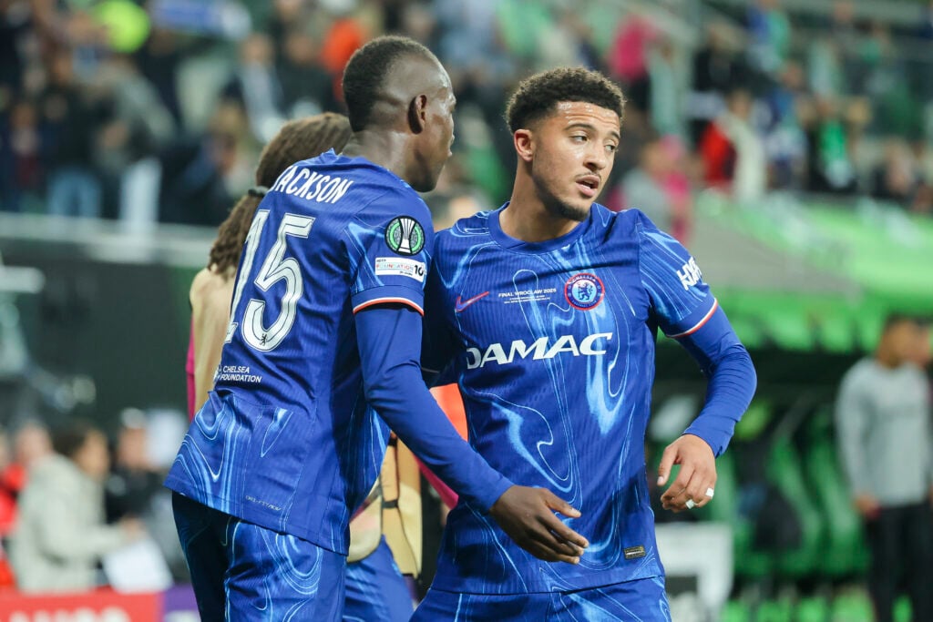Nicolas Jackson of Chelsea FC and Jadon Sancho of Chelsea FC cheer