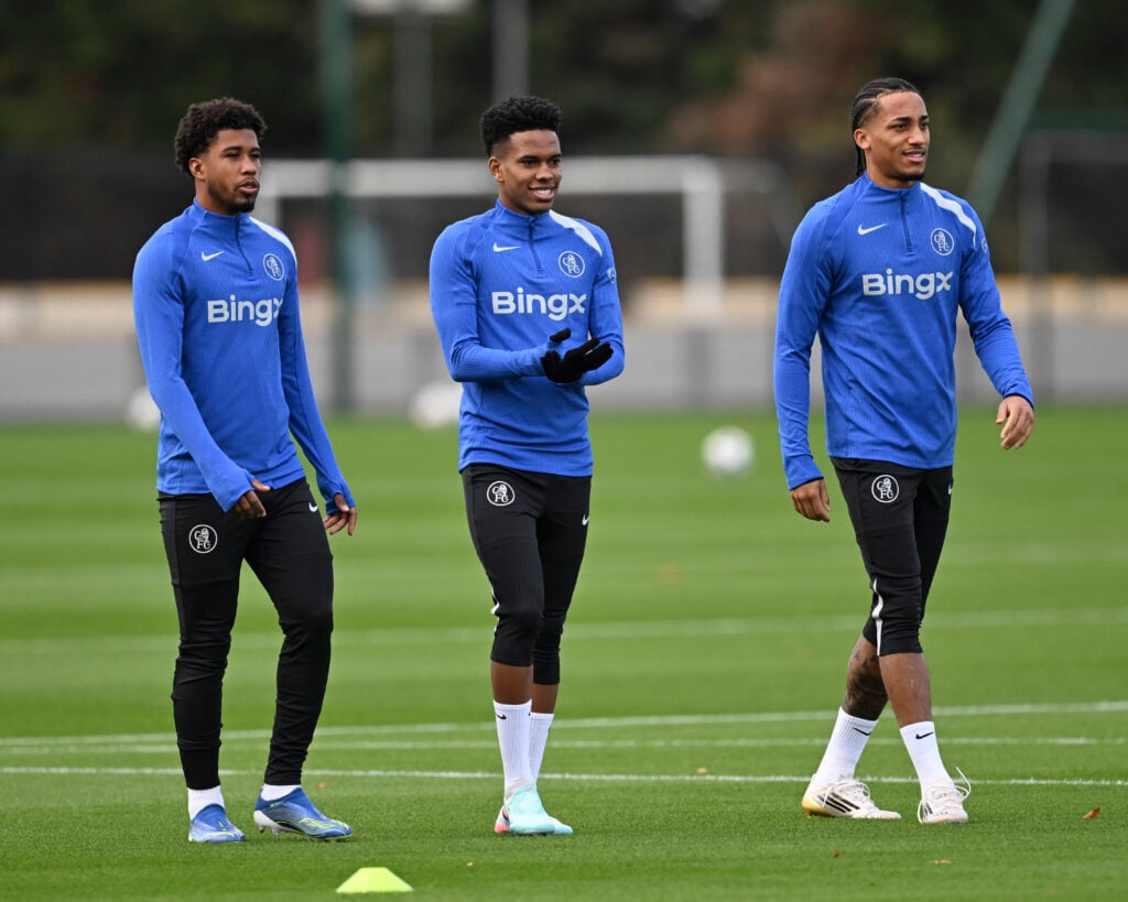 Andrey Santos, Estevao Willian and Joao Pedro of Chelsea