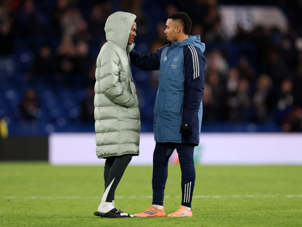 Gabriel Jesus of Arsenal speaks with Estevao of Chelsea