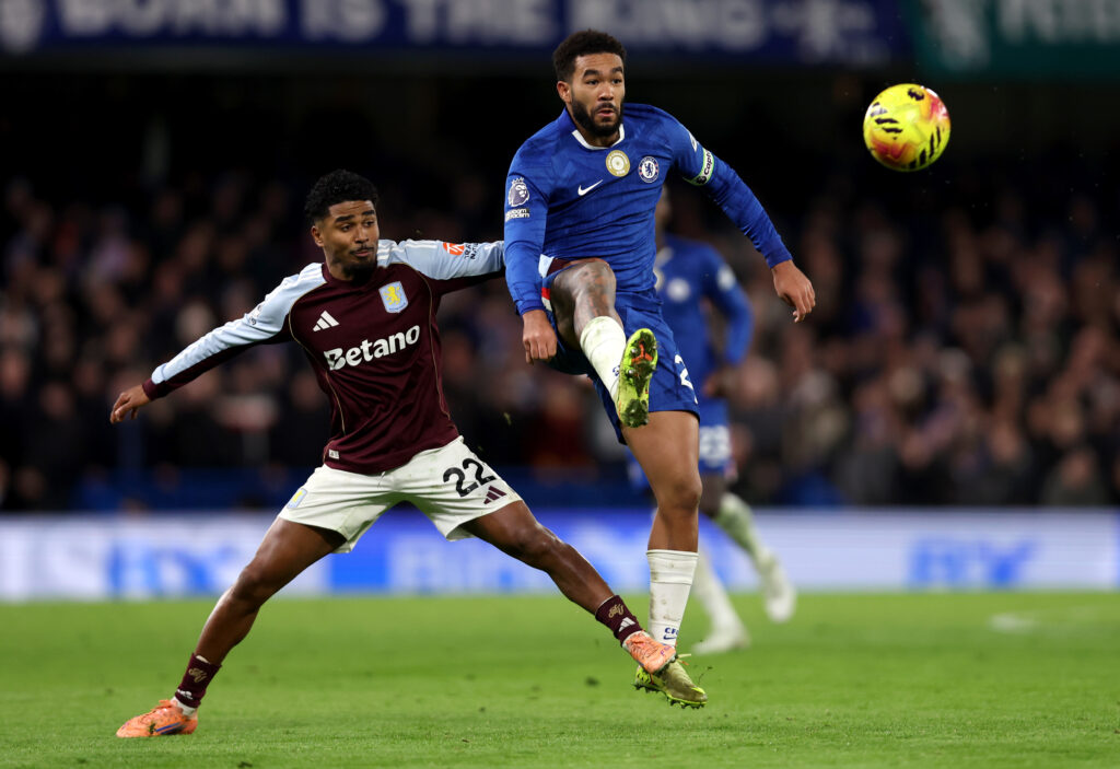 Reece James of Chelsea attempts to control the ball