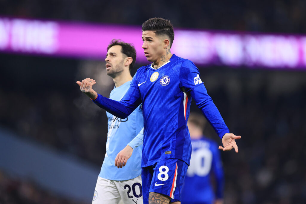 Enzo Fernandez of Chelsea and Bernardo Silva of Manchester City