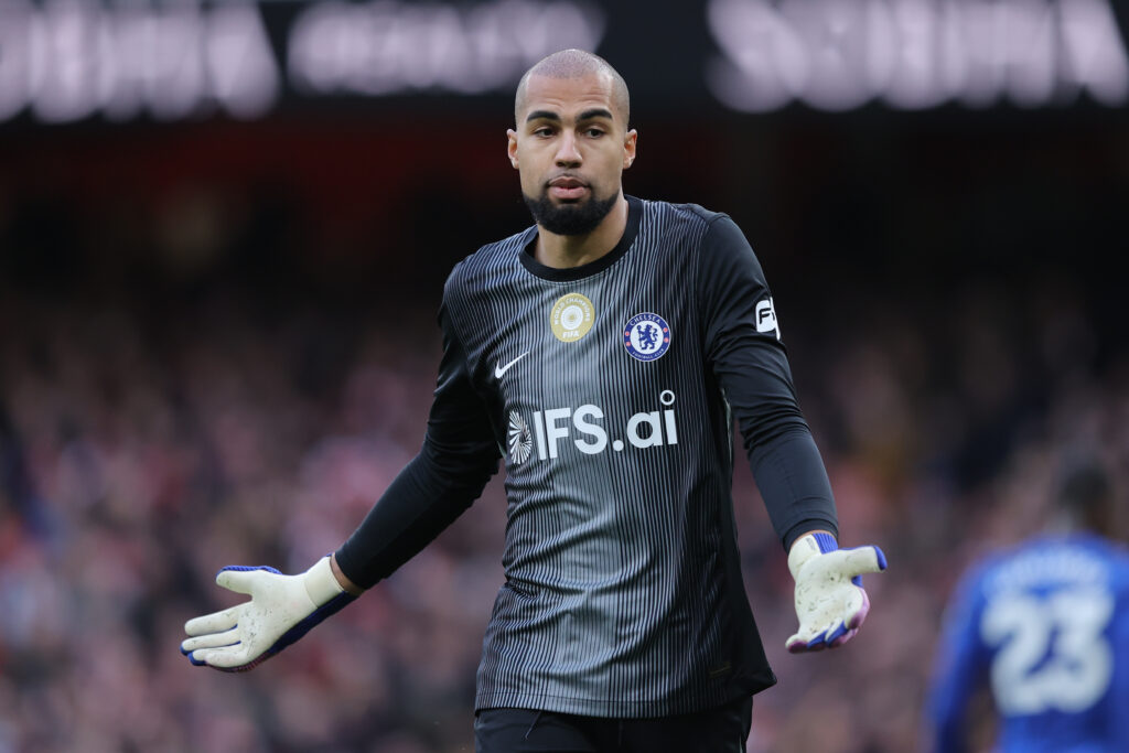 Robert Sanchez of Chelsea reacts during the Premier League match between Arsenal and Chelsea at Emirates Stadium