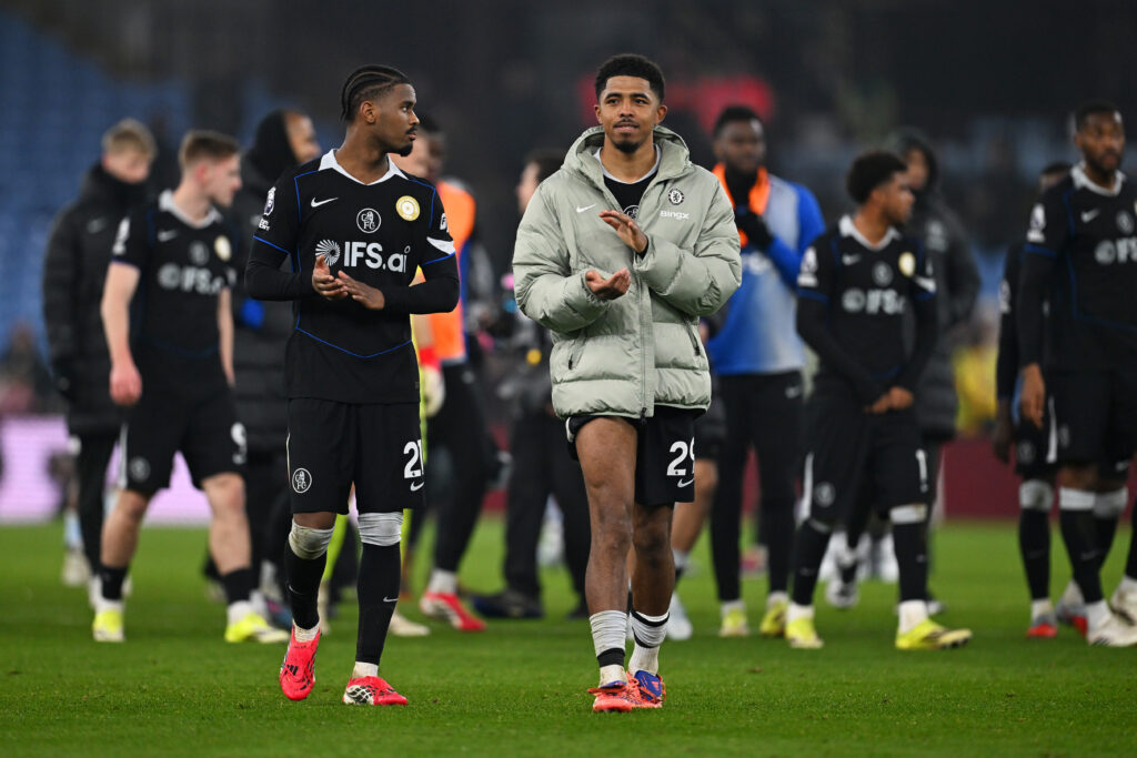 Jorrel Hato and Wesley Fofana of Chelsea acknowledge the fans
