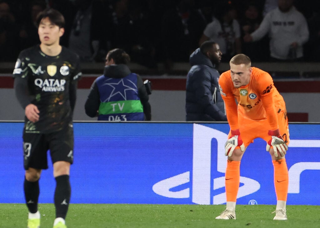 Chelsea's Danish goalkeeper #12 Filip Jorgensen reacts