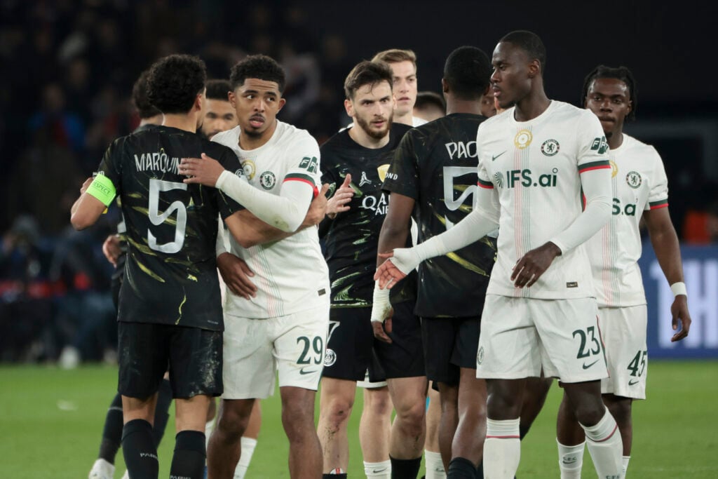 Marquinhos of PSG, Wesley Fofana of Chelsea, Khvicha Kvaratskhelia of PSG, Trevoh Chalobah of Chelsea