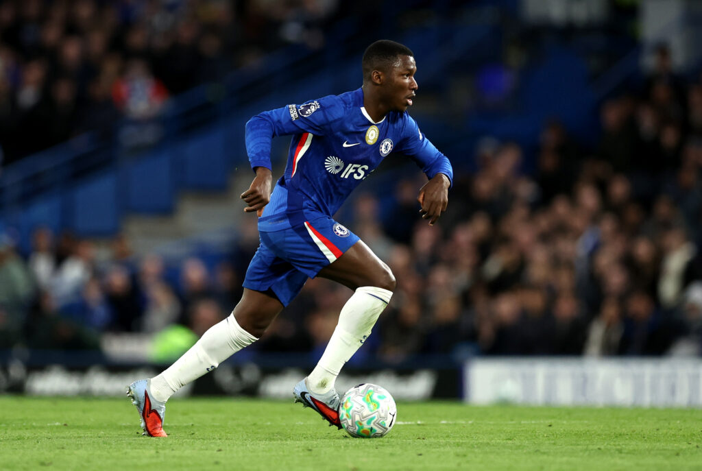 Moises Caicedo of Chelsea runs with the ball