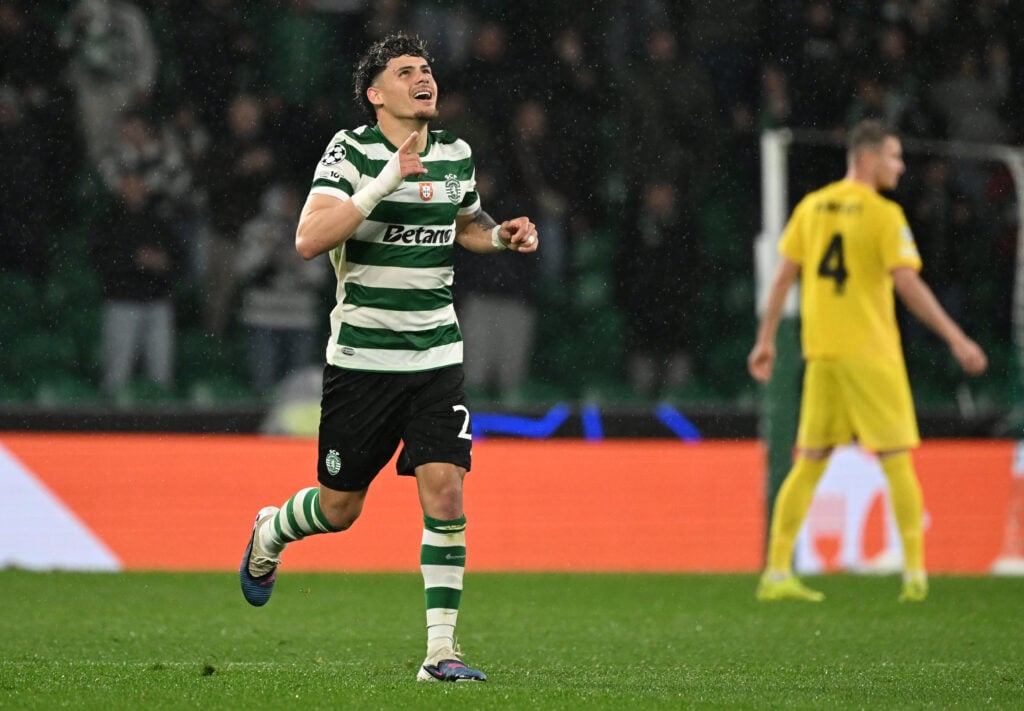 Maximiliano Araújo of Sporting scores and celebrates a goal