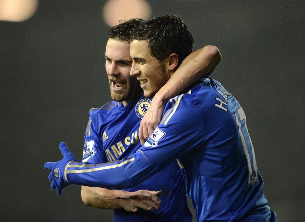 Chelsea's Eden Hazard (right) celebrates with team-mate Juan Mata after scoring