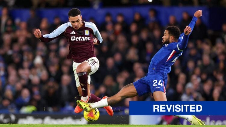 Morgan Rogers of Aston Villa is challenged by Reece James of Chelsea