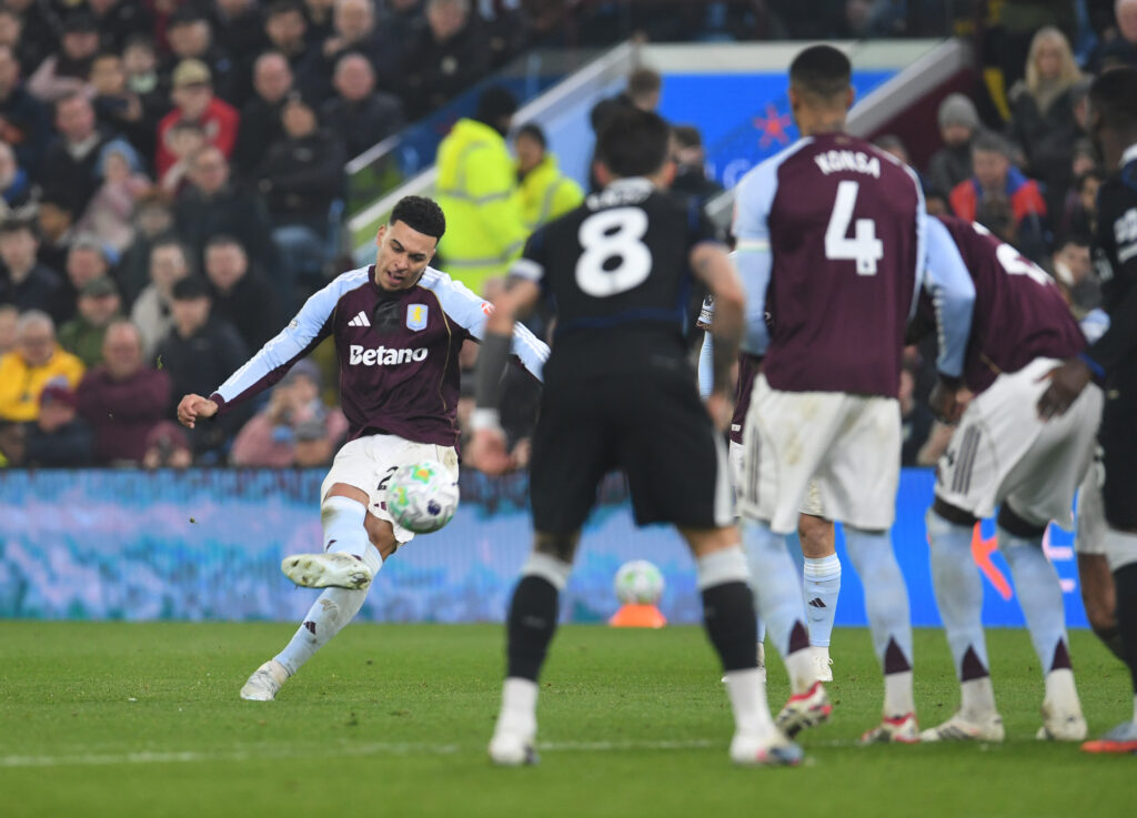 Aston Villa's Morgan Rogers takes a free kick