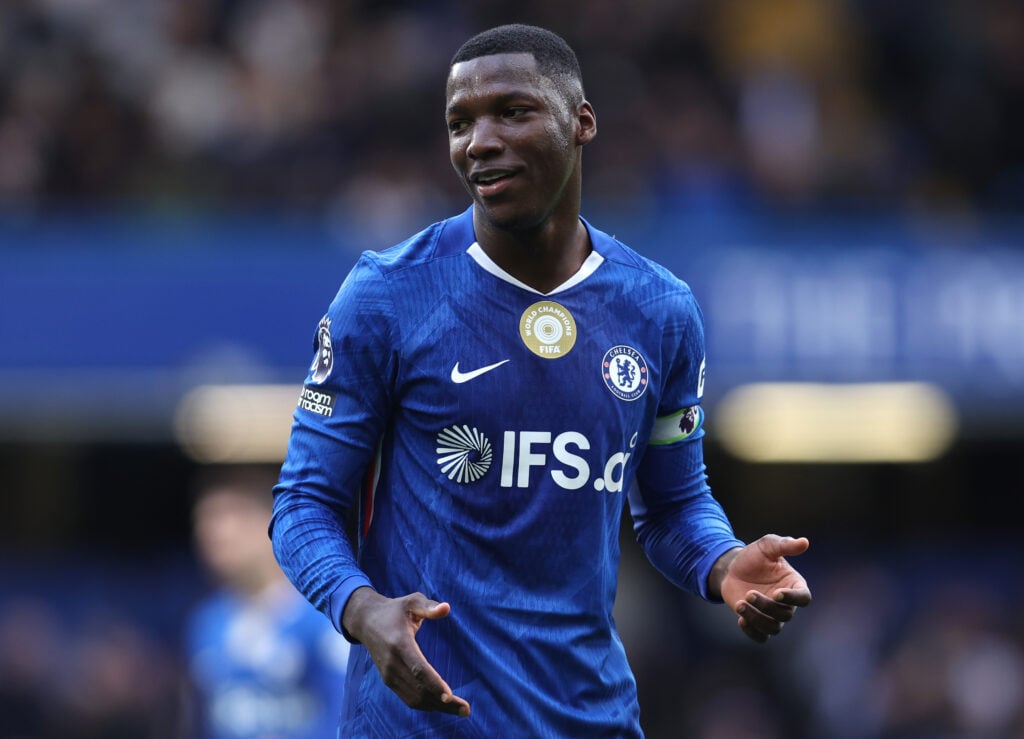 Moises Caicedo of Chelsea during the Premier League match between Chelsea and Manchester City