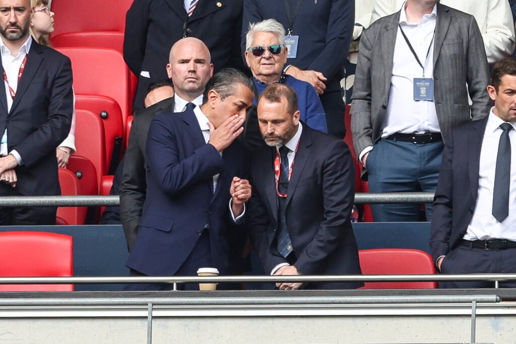 Chelsea co-owner Behdad Eghbali with sporting director Paul Winstanley during the Emirates FA Cup Semi Final match between Chelsea and Leeds United on April 26, 2026 in London, England.